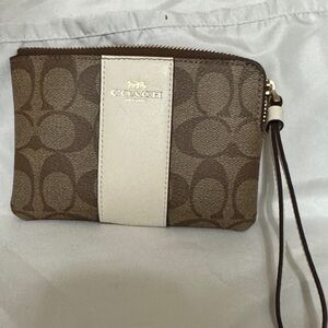 Coach Brown Signature Canvas Wristlet with Cream Stripe